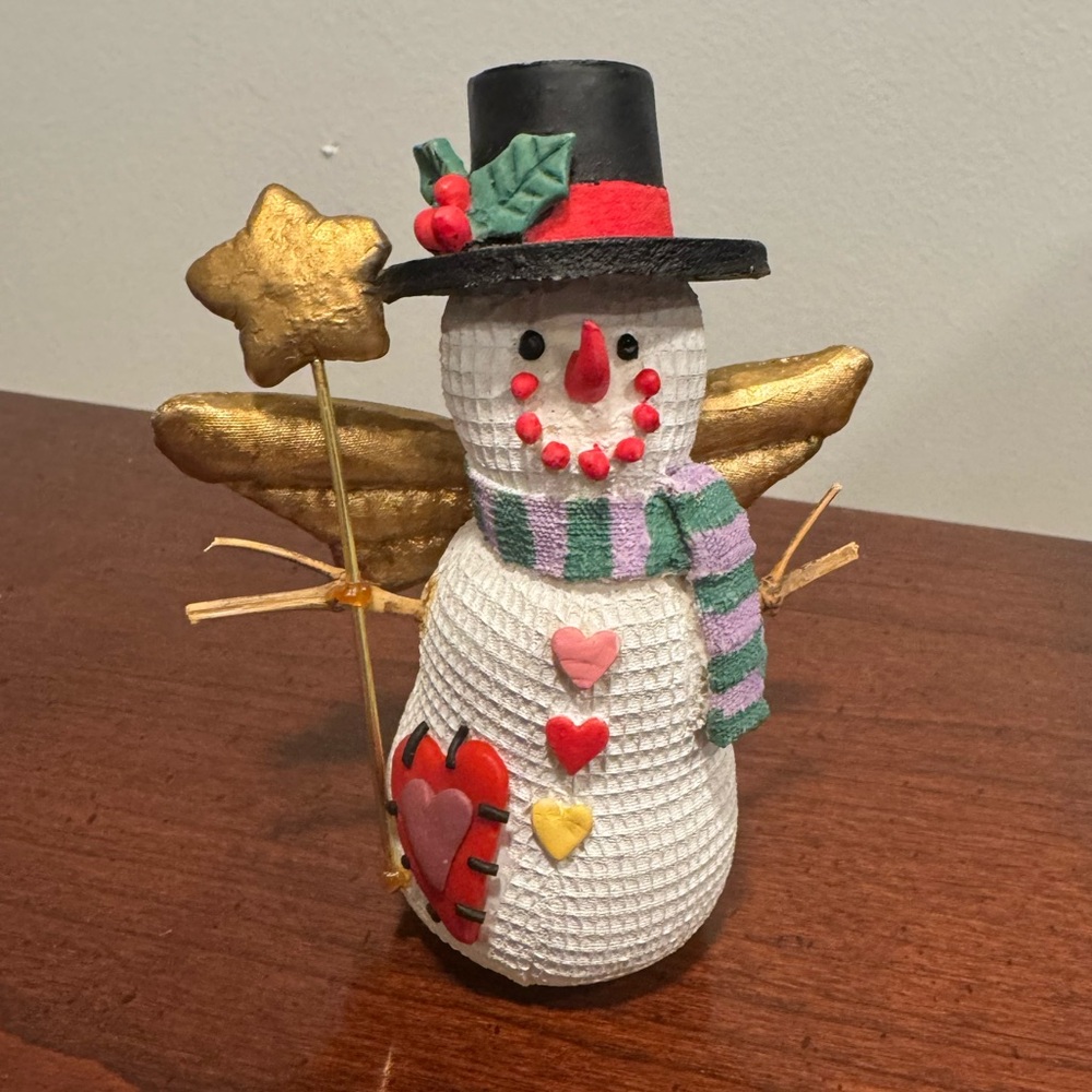 Vintage Snowman Angel Figurine with Patchwork Hearts